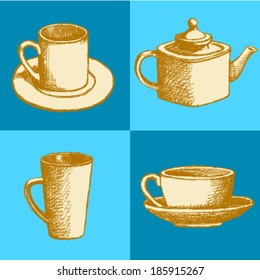 Teapots and cups, vector sketch set 