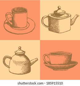 Teapots and cups, vector sketch set 