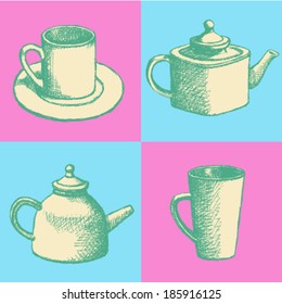 Teapots and cups, vector sketch set 