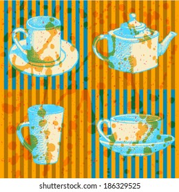 Teapots and cups, vector sketch set 