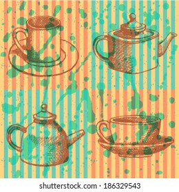 Teapots and cups, vector sketch set 