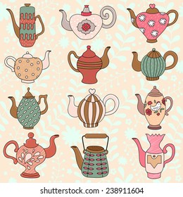Teapots with doodle elements  flowers, hearts, in cartoon style.  Seamless retro design tea pot pattern background in vector