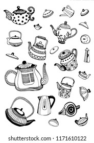 Teapots. Hand drawn vector illustration