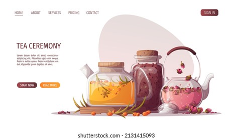 Teapots, jar of loose tea. Tea shop, break, cafe-bar, tea lover, tea party, beverages concept. Vector illustration for poster, banner, website, menu, advertising. 