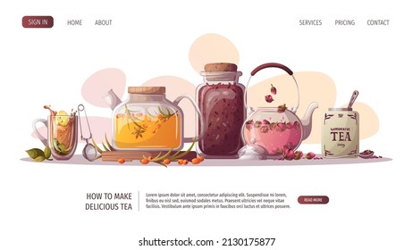 Teapots, jar of loose tea, teacup. Tea shop, break, cafe-bar, tea lover, tea party, beverages concept. Vector illustration for poster, banner, website, menu, advertising. 