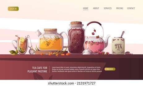 Teapots, jar of loose tea, teacup. Tea shop, break, cafe-bar, tea lover, tea party, beverages concept. Vector illustration for poster, banner, website, menu, advertising. 