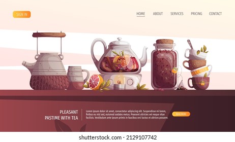Teapots, jar of loose tea, teacups. Tea shop, break, cafe-bar, tea lover, tea party, beverages concept. Vector illustration for poster, banner, website, menu, advertising. 