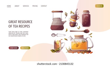 Teapots, jar of loose tea, teacups. Tea shop, break, cafe-bar, tea lover, tea party, beverages concept. Vector illustration for poster, banner, website, menu, advertising. 