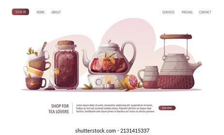 Teapots, jar of loose tea, teacups. Tea shop, break, cafe-bar, tea lover, tea party, beverages concept. Vector illustration for poster, banner, website, menu, advertising. 