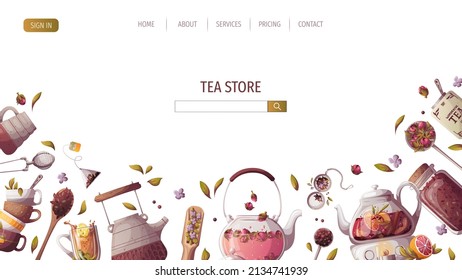 Teapots, jar of loose tea, teacups. Tea shop, break, cafe-bar, tea lover, tea party, beverages concept. Vector illustration for poster, banner, website, menu, advertising. 