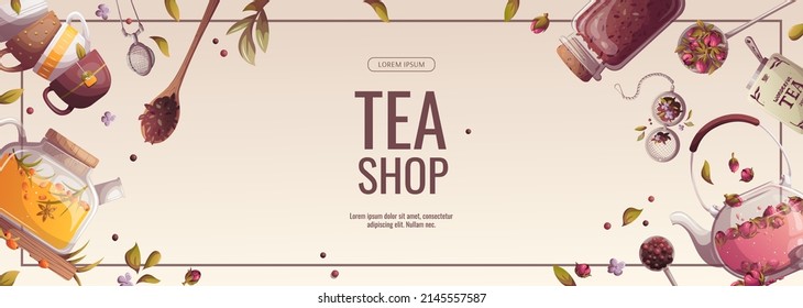 Teapots, jar of loose tea, teacups. Tea shop, cafe-bar menu, tea store, tea party concept. Vector illustration for poster, banner, flyer, menu, advertising. 