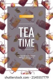 Teapots, jar of loose tea, teacups. Tea shop, cafe-bar, tea store, tea party, beverages concept. A4 vector illustration for poster, banner, flyer, menu, advertising. 