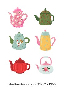 Teapots and kettles сollection. Decorative kitchen tools, decorative ceramic drinkware or glassware for tea ceremony. Household utensils  isolated on white background. Flat cartoon vector illustration