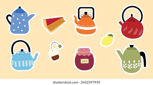 Teapots, kettles, jam, pie, cake, stickers set. Stickers collection of hand drawn teapots on isolated background, flat style.