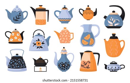 Teapots and kettles. Kitchen electric, ceramic and glass teakettles. Cute crockery for warm household. Isolated tableware set. Drinks utensil. Teatime elements. Flat vector illustration