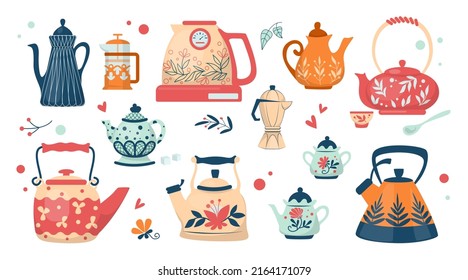 Teapots and kettles. Kitchen electric, ceramic and glass tea kettle with botanical patterns, cute modern crockery for warm cozy household. Hot drinks utensil. Teatime flat vector illustration