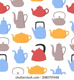 Teapots and kettles seamless pattern. Colorful objects on white background. Kitchen utensil background. Doodle style. Vector illustration