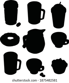 Teapots and mugs, coffee cups vector silhouette illustration