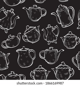 teapots outline chalk hand drawn vector isolated seamless pattern on dark background. Concept for wallpaper wrapping paper, menu