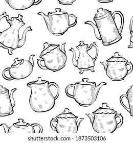 teapots outline chalk hand drawn vector isolated seamless pattern on pink dark background. Concept for wallpaper wrapping paper, menu