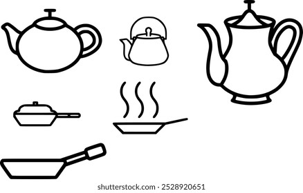 Teapots, panelas, frigideira Conjunto de ícone - Coleção de vetor para o design de utensílios | Cozinhar vetores para o design de alimentos