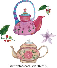 teapots in pastel colors hand painted with gouache