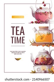 Teapots with sea buckthorn, flower and fruit tea. Tea shop, break, cafe-bar, tea lover, tea party, beverages concept. A4 vector illustration for poster, banner, flyer, cover, menu, advertising. 