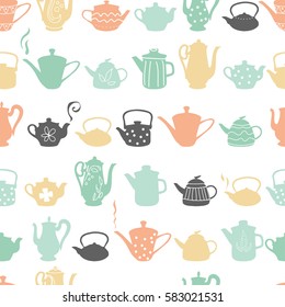 Teapots seamless pattern. Cute vector background in pastel colors.