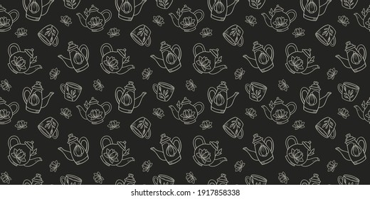 Teapots seamless repeat pattern design, background. Black tea, green tea, morning tea.