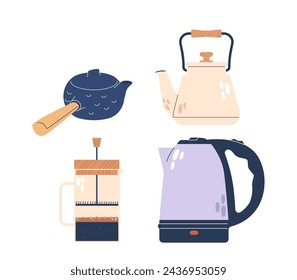 Juego De Teteras, Recipientes De Cocina, Diseñado Para Hojas De Té Empinadas En Agua Caliente, Facilitando La Elaboración De Cerveza, Ilustración Vectorial