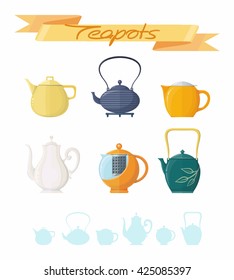 Teapots set with lettering, objects on white background. Vector illustration.