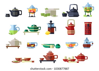 Teapots set, tea ceremony tools vector Illustrations on a white background