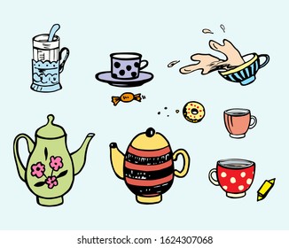 teapots set, tea set, flower kettle, striped teapot, polka dot cup with tea, candy, donuts on light blue background, splashing tea