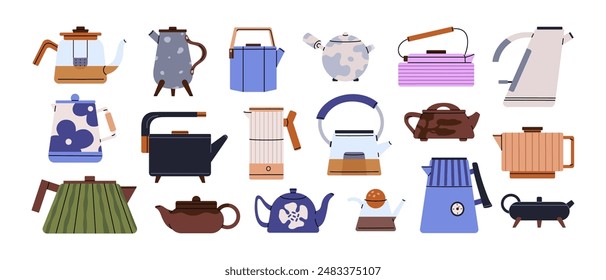 Teapots set. Various tea pots: electric, glass, ceramic, metal. Modern and traditional kettles with different shapes, sizes. Kitchenware to boil water. Flat isolated vector illustrations on white