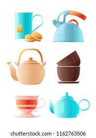 Teapots set. Vector cartoon pictures of cup of tea and various kettles. Teapot and coffee drink, teakettle ceramic illustration
