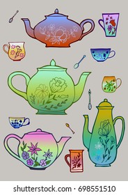 Teapots set vector illustration hand drawing tea drinking