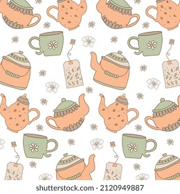 Teapots And Tea Bags Pattern Background. Vector Illustration