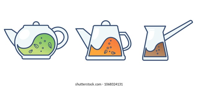 Teapots with tea and coffee set. Vector illustration on a white background