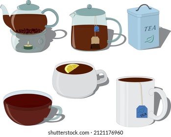 Teapots, tea container and cups of tea collection vector illustration