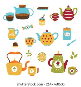 Teapots and tea cups colorful cute hand drawn icons vector set