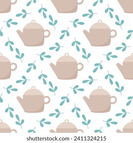 Las teteras y las hojas de té siguen un patrón sin fisuras. Antecedentes del té. Hojas verdes de té e impresión de tetera para textiles, papel, embalaje y diseño, ilustración vectorial
