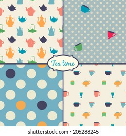 Teapots and teacups. Polka dots. Set of vector seamless patterns.