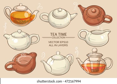 Teapots vector set on color background