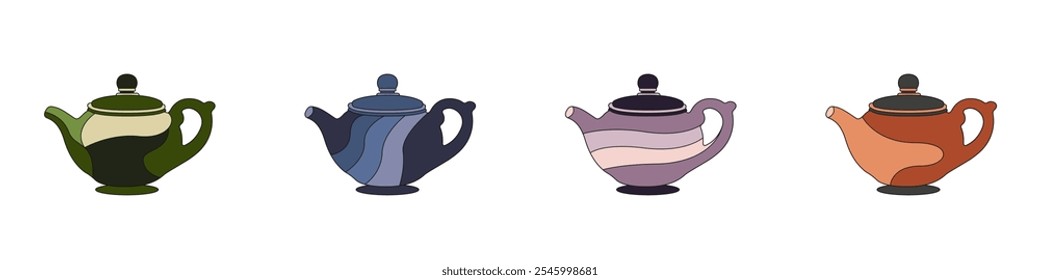 Conjunto de vetores teapots. Bule de chá de cerâmica elegante. Bule de chá antigo. Cerâmica com um padrão vetorial. Bule colorido. Bule para cerimônias. Bule de chá para festas rituais de chá. Vetor de panela de chá.