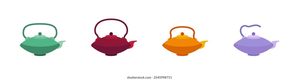 Conjunto de vetores teapots. Bule de chá de cerâmica elegante. Uma chaleira tradicional japonesa. Bule colorido. Bule para cerimônias. Bule de chá para festas rituais de chá. Vetor de panela de chá. Ilustração vetorial.