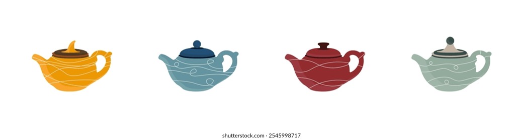 Conjunto de vetores teapots. Bule de chá de cerâmica elegante. Uma chaleira tradicional japonesa. Bule colorido. Bule para cerimônias. Bule de chá para festas rituais de chá. Vetor de panela de chá. Ilustração vetorial.