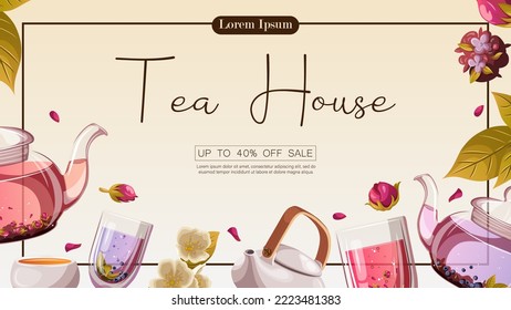 Teapots,kettles,cups,mugs,tea,leaves,rosebuds,flowers,text on neutral. Tea shop,cafe-bar,tea party,beverages concept. Vector illustration for poster,banner,flyer,menu,advertising. 