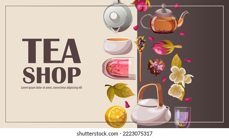 Teapots,kettles,cups,mugs,tea,leaves,rosebuds,flowers,text on white gray. Tea shop,cafe-bar,tea party,beverages concept. Vector illustration for poster,banner,flyer,menu,advertising. 