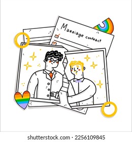 Tear apart wedding photo on white background. LGBT Break up, end of Marriage and divorce concept. Two young men, crisis of couple. A split in a relationship. Vector hand drawn cartoon illustration.