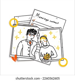 Tear apart wedding photo on white background. Break up, end of Marriage and divorce concept. Crisis of couple. A split in a relationship. Vector hand drawn cartoon illustration.